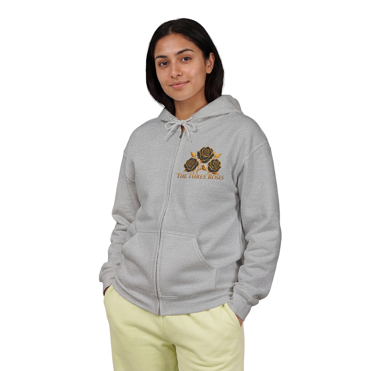 The Three Roses: Unisex Gold Floral Full-Zip Hoodie Graphic Logo