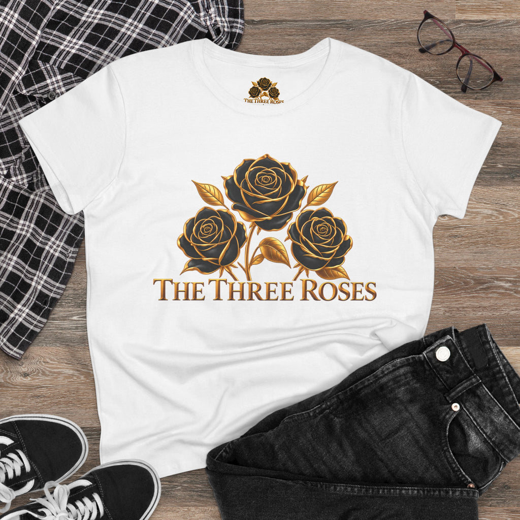 The Three Roses Tee: Womens Black & Gold Rose Graphic T-Shirt