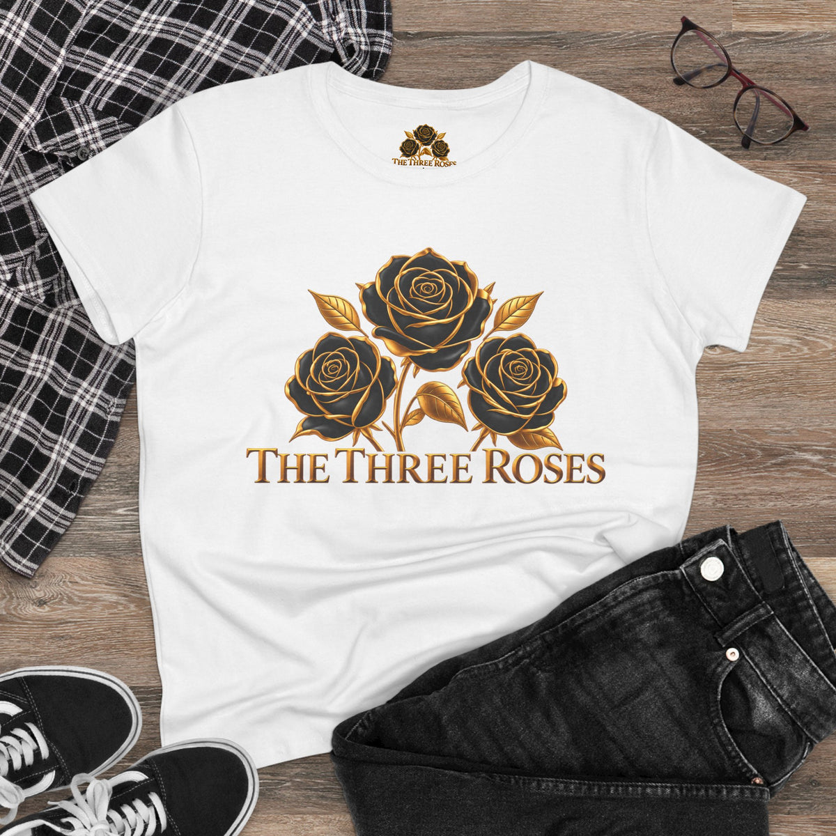 The Three Roses Tee: Womens Black & Gold Rose Graphic T-Shirt