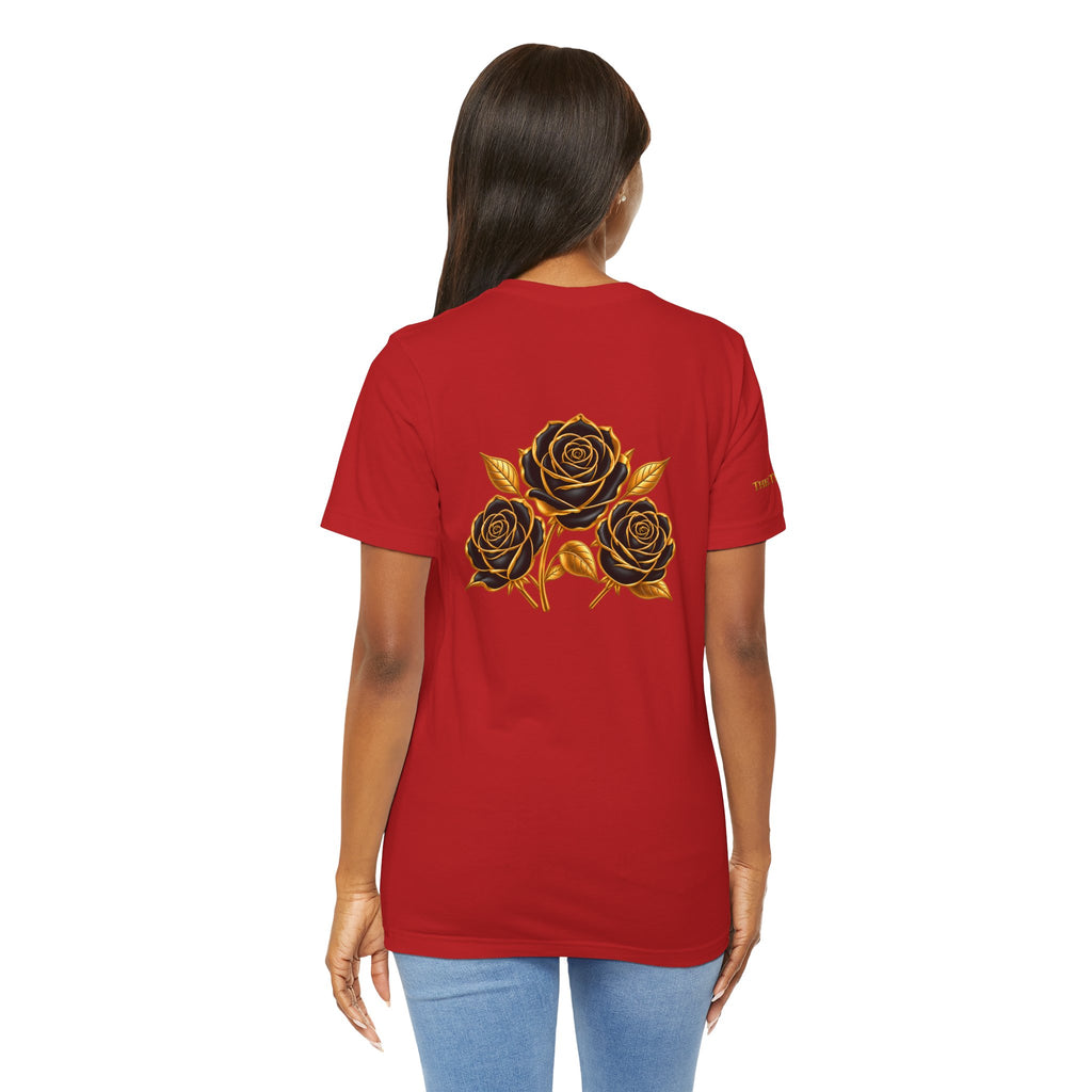 The Three Roses: Unisex Gold Black Rose T-Shirt Graphic Logo