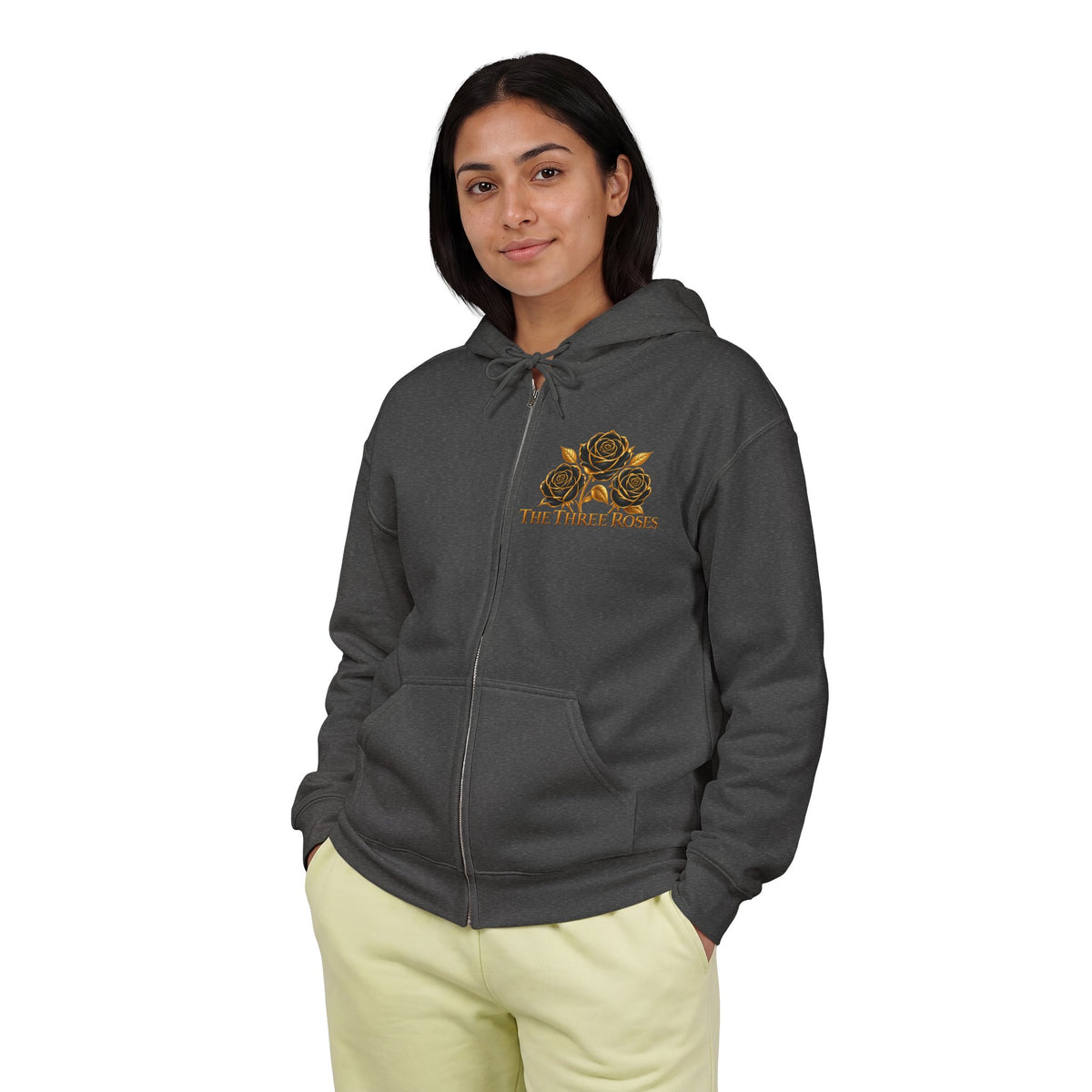 The Three Roses: Unisex Gold Floral Full-Zip Hoodie Graphic Logo