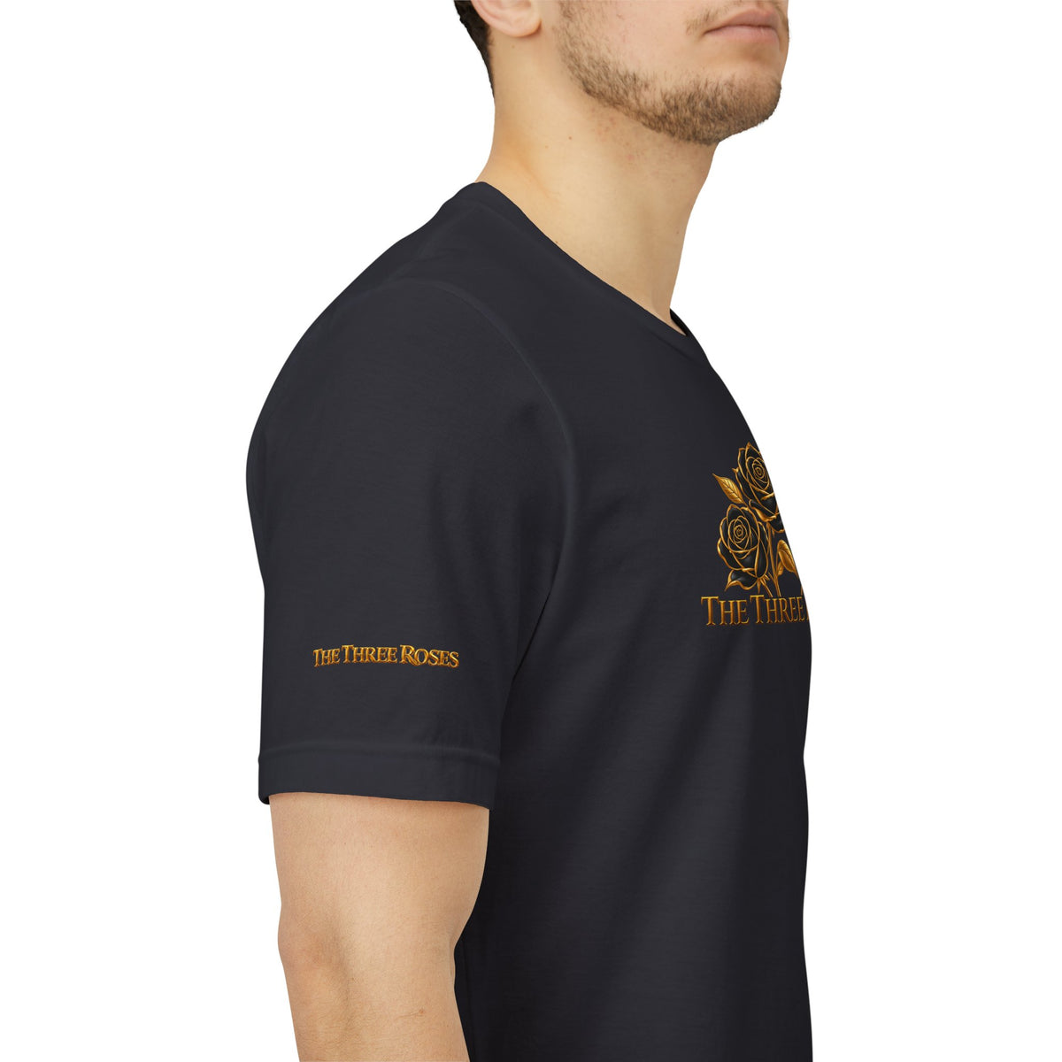 The Three Roses: Unisex Gold Black Rose T-Shirt Graphic Logo