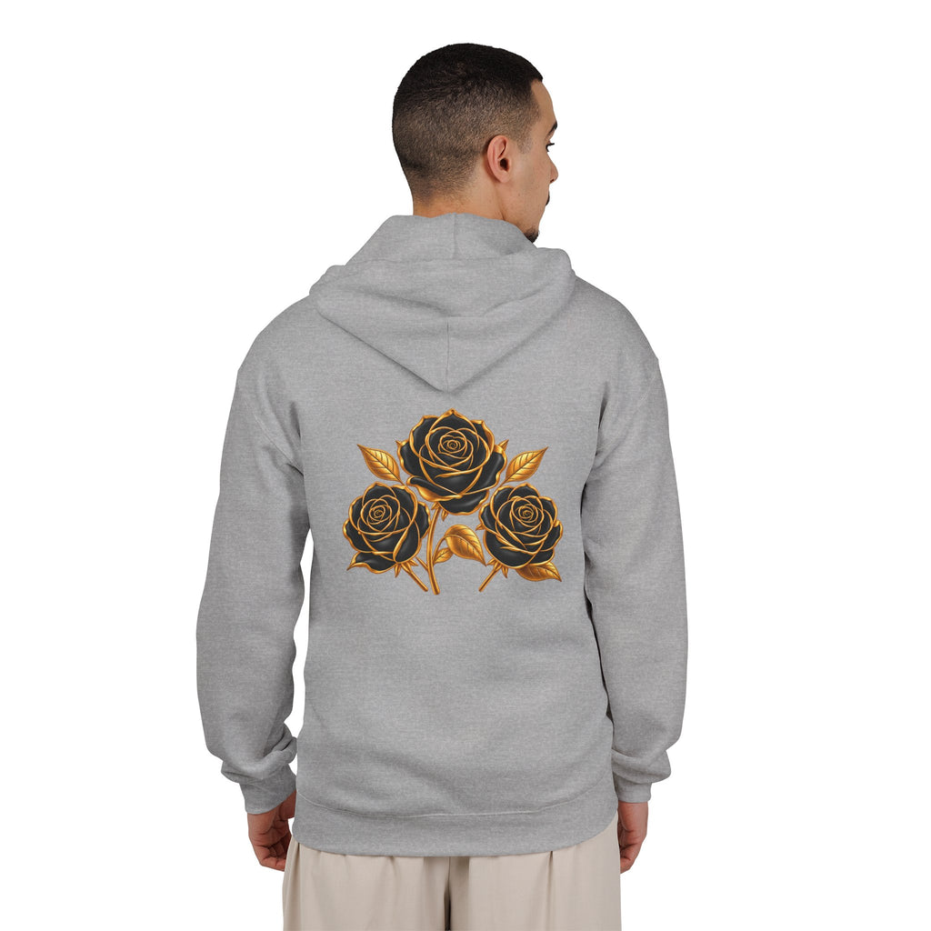The Three Roses: Unisex Gold Floral Full-Zip Hoodie Graphic Logo