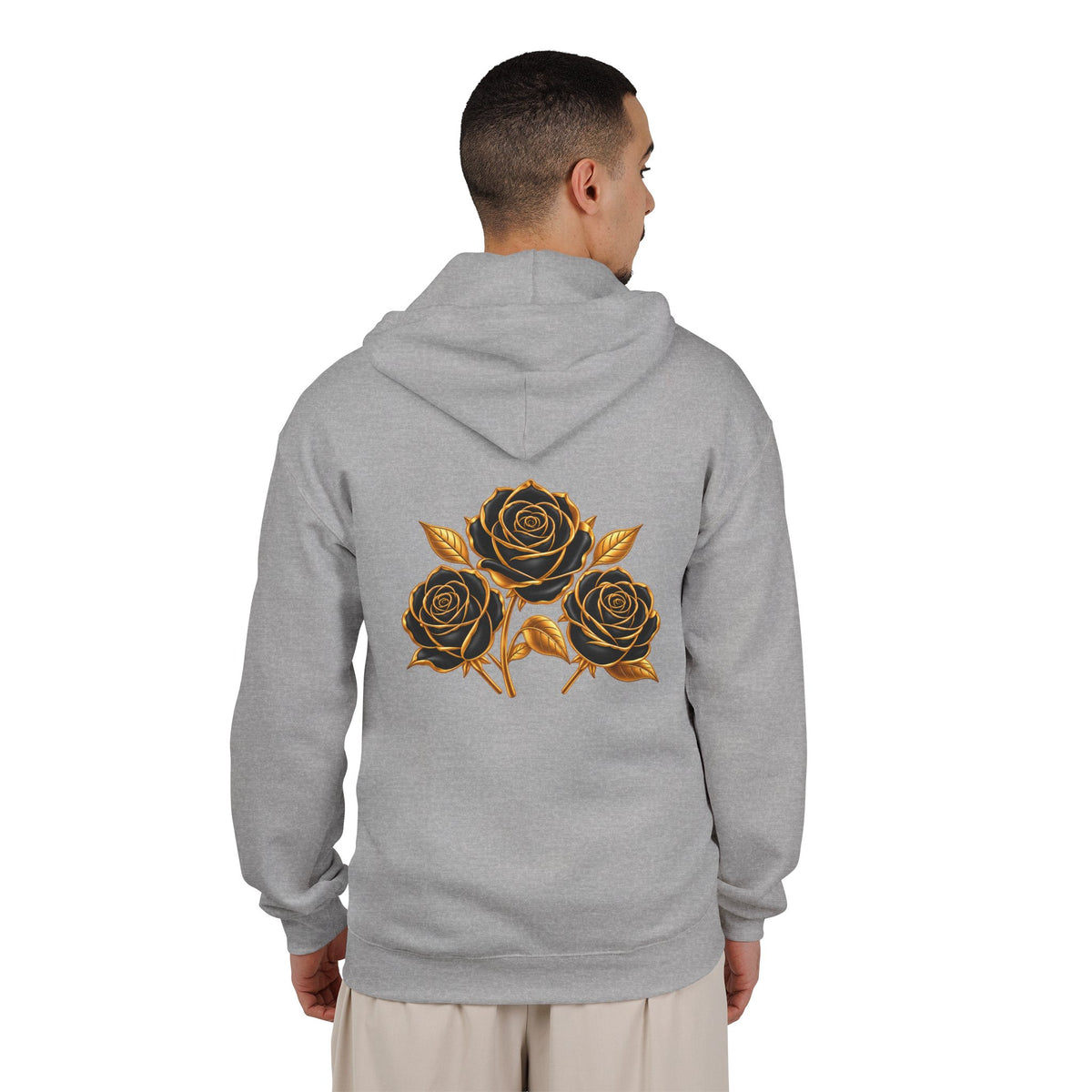 The Three Roses: Unisex Gold Floral Full-Zip Hoodie Graphic Logo