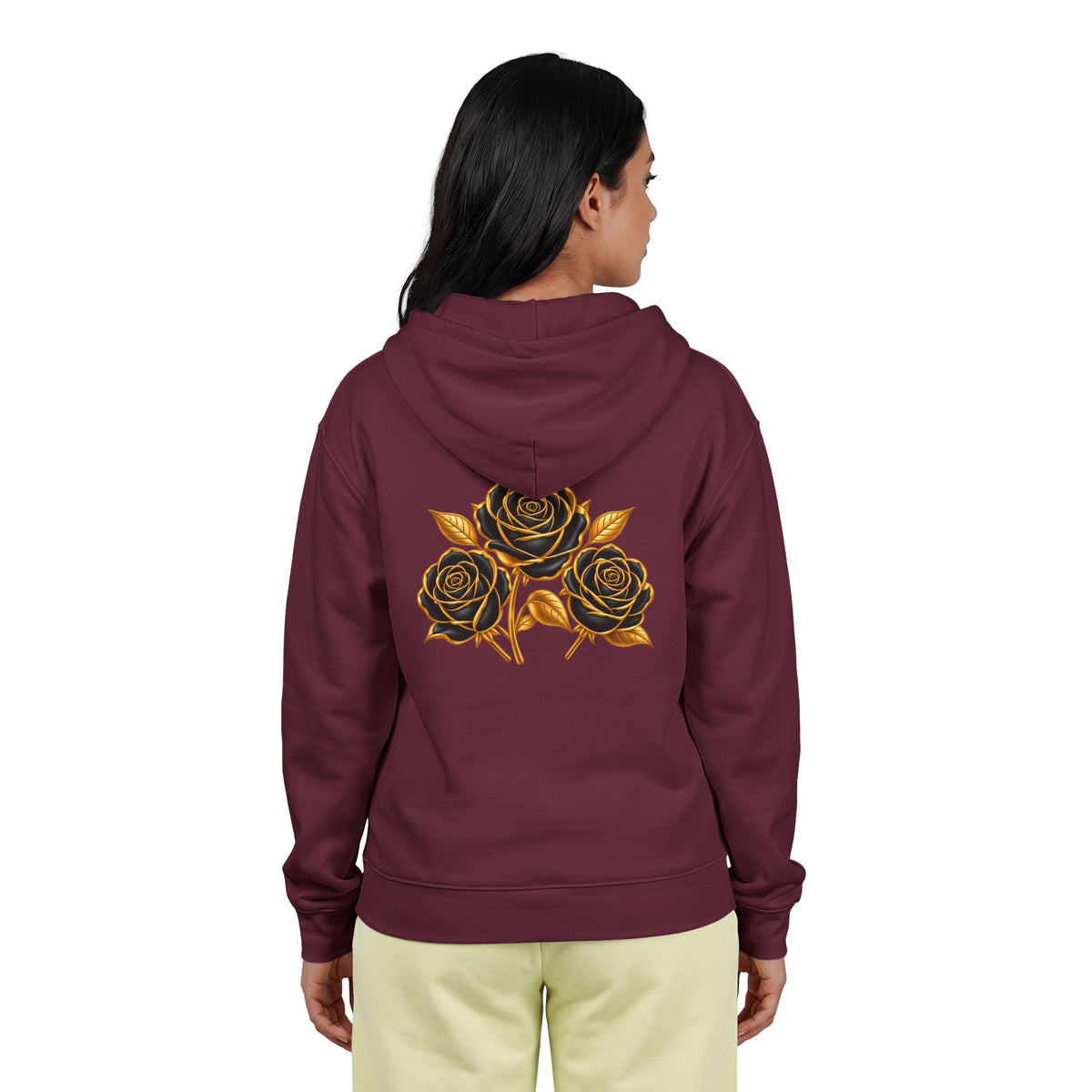 The Three Roses: Unisex Gold Floral Full-Zip Hoodie Graphic Logo