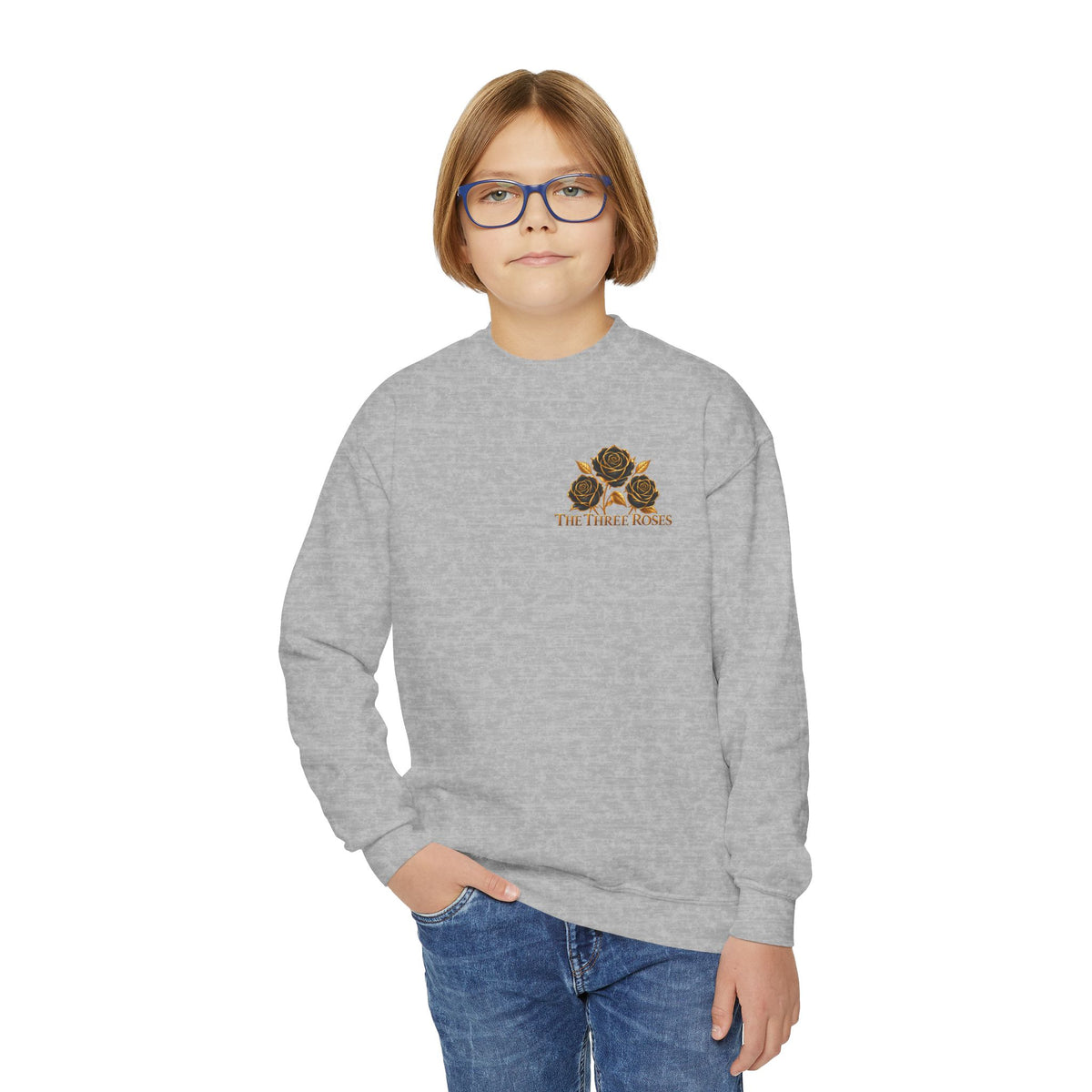 The Three Roses: Youth Crewneck Sweatshirt — Gold & Black Rose Graphic Logo