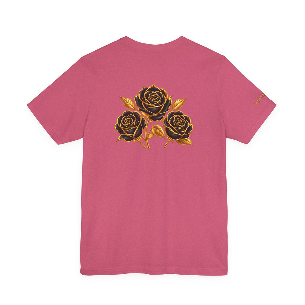 The Three Roses: Unisex Gold Black Rose T-Shirt Graphic Logo