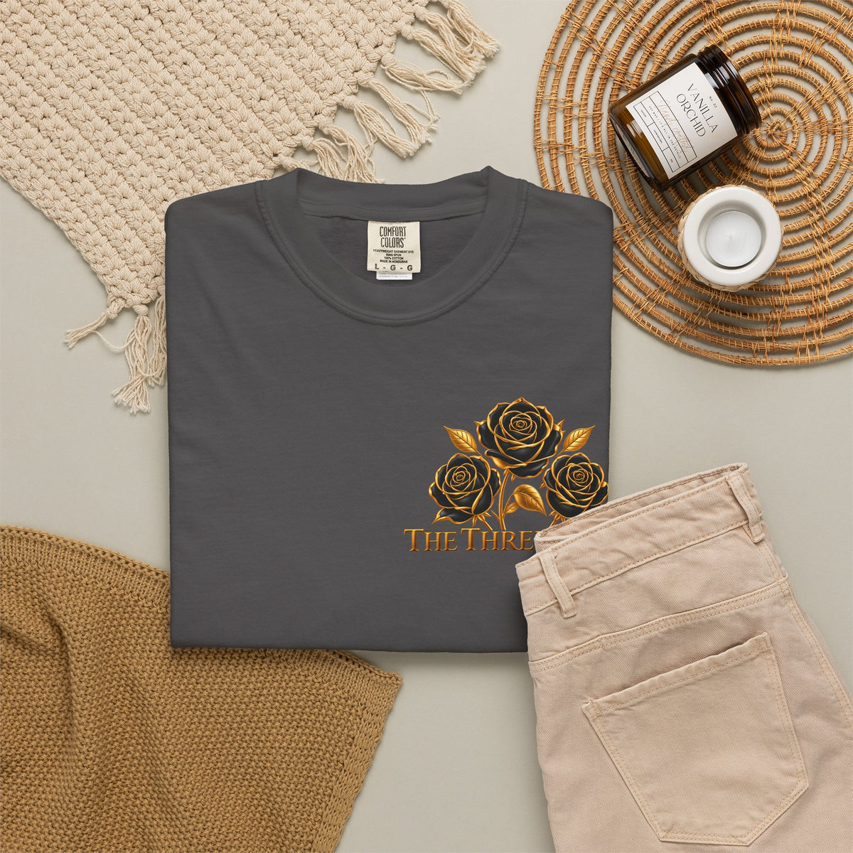 The Three Roses Graphic: Unisex T-Shirt  Gold & Black Floral Tee