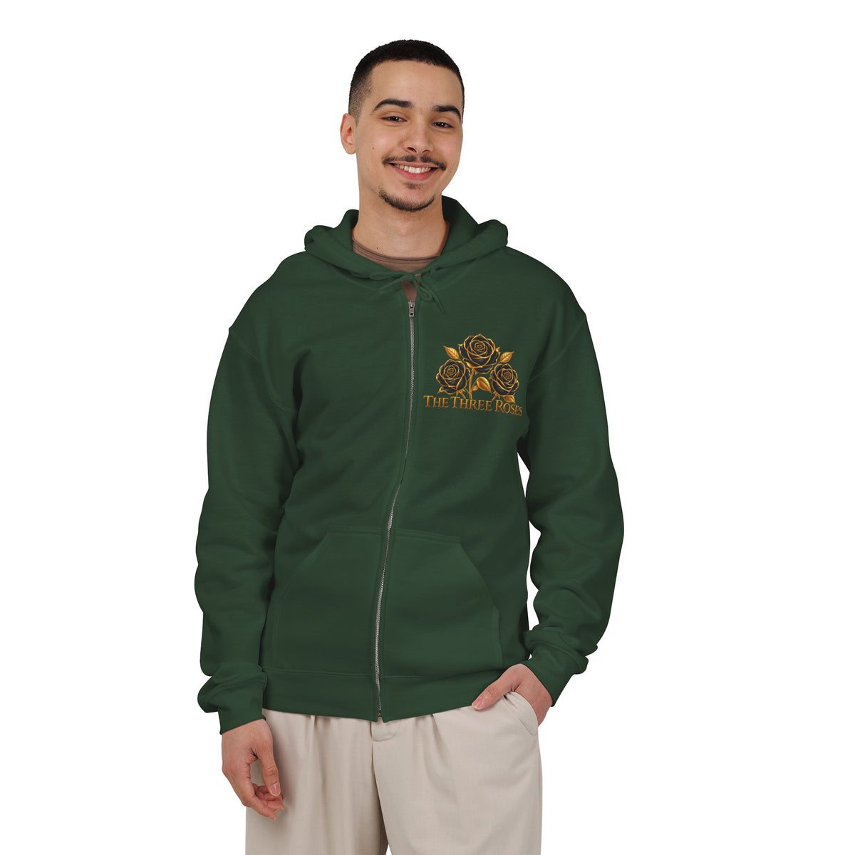 The Three Roses: Unisex Gold Floral Full-Zip Hoodie Graphic Logo