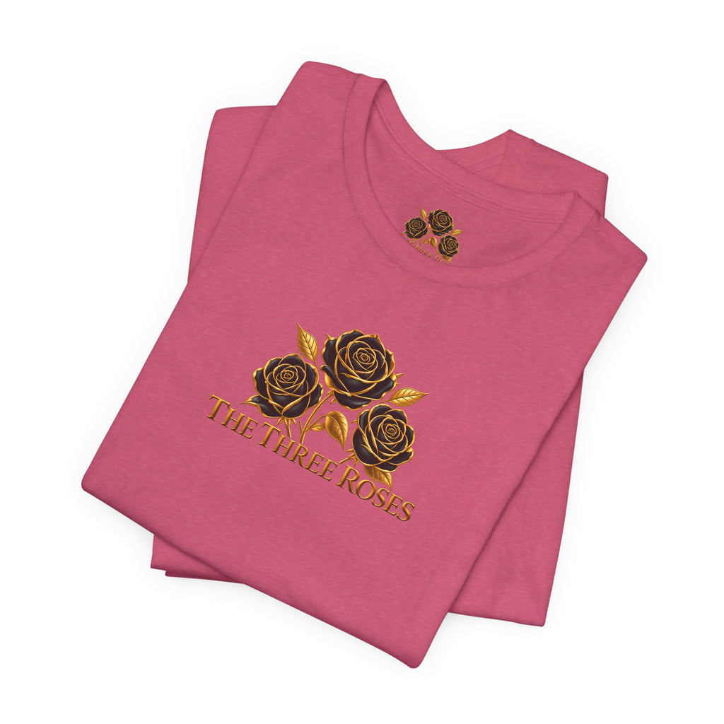 The Three Roses: Unisex Gold Black Rose T-Shirt Graphic Logo