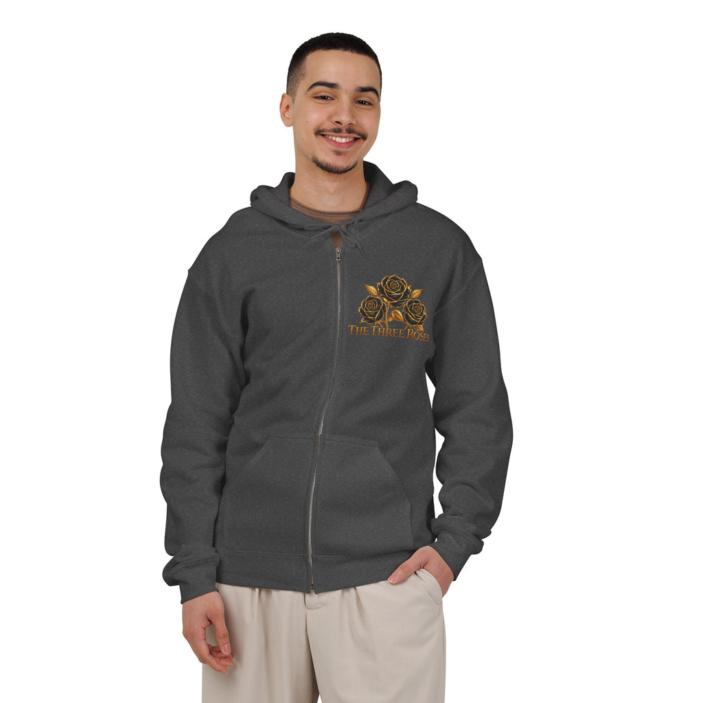 The Three Roses: Unisex Gold Floral Full-Zip Hoodie Graphic Logo
