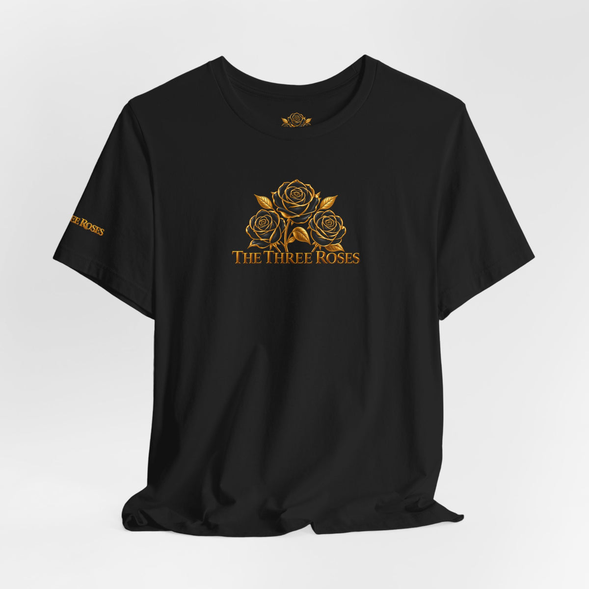 The Three Roses: Unisex Gold Black Rose T-Shirt Graphic Logo