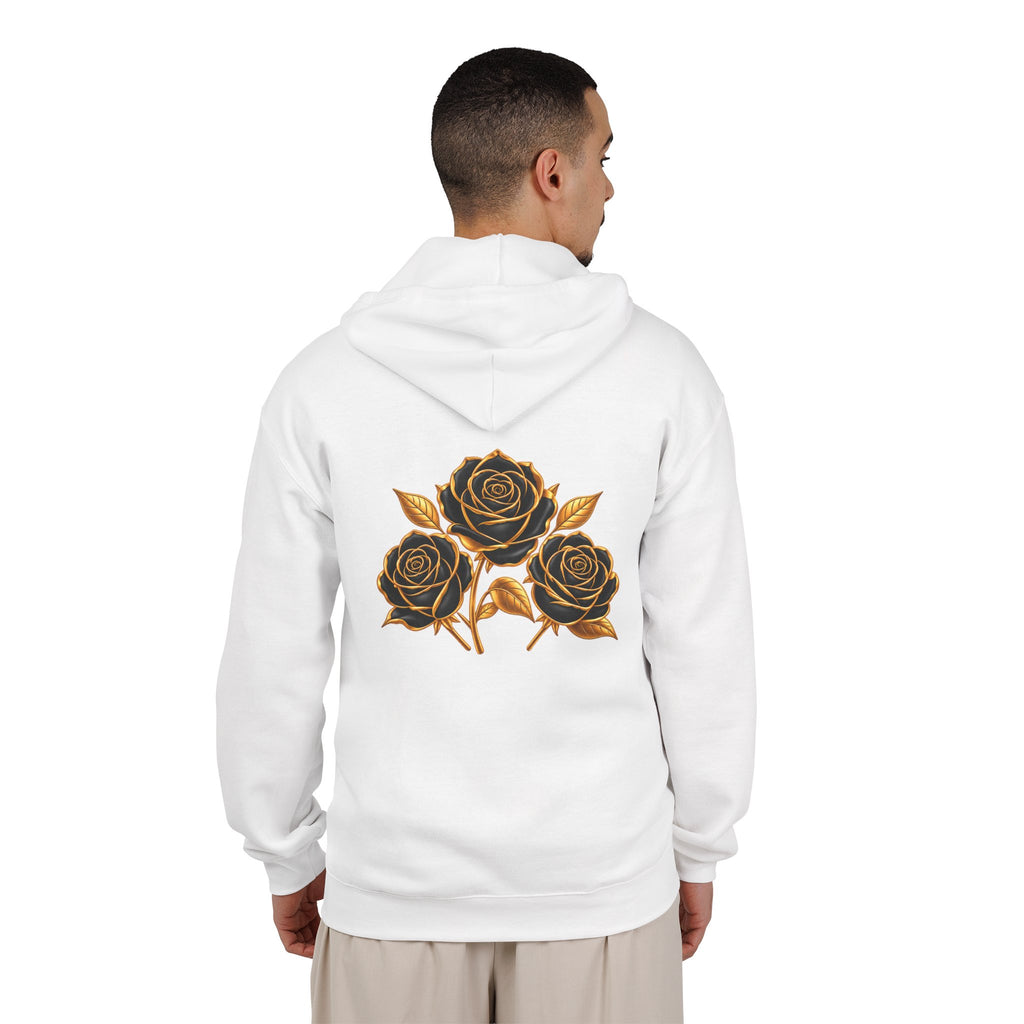 The Three Roses: Unisex Gold Floral Full-Zip Hoodie Graphic Logo