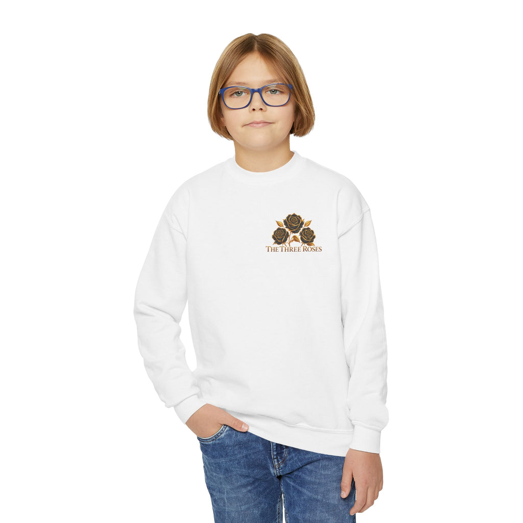 The Three Roses: Youth Crewneck Sweatshirt — Gold & Black Rose Graphic Logo