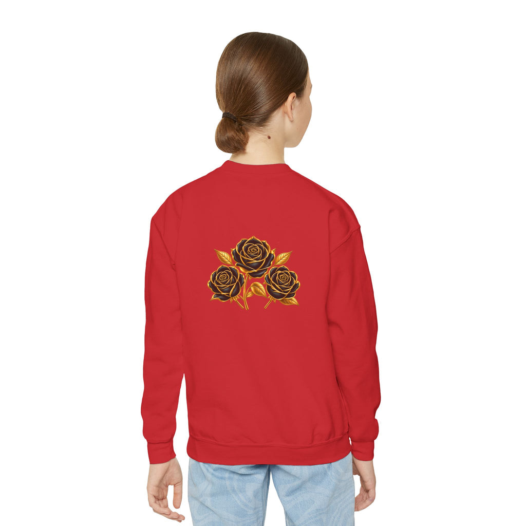 The Three Roses: Youth Crewneck Sweatshirt — Gold & Black Rose Graphic Logo