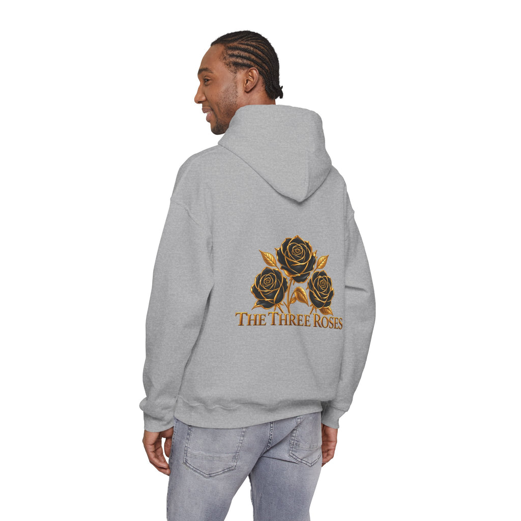 The Three Roses Hoodie: Unisex Gold Rose Graphic Hooded Sweatshirt