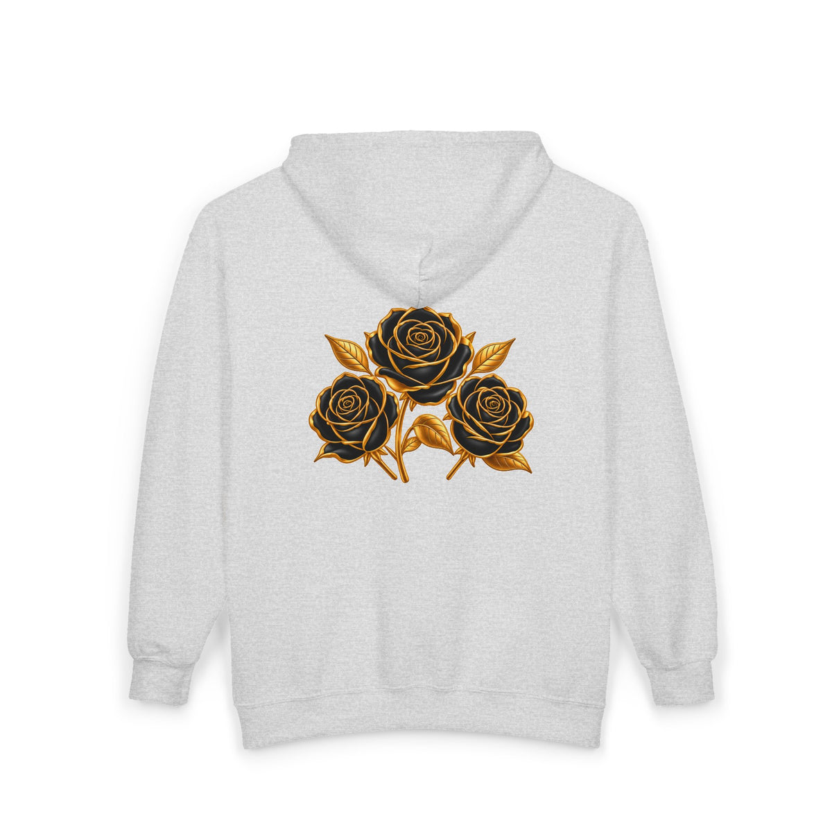 The Three Roses: Unisex Gold Floral Full-Zip Hoodie Graphic Logo