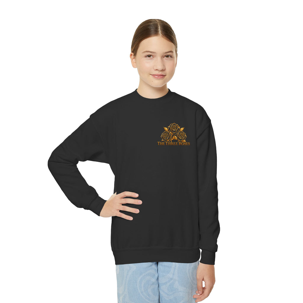 The Three Roses: Youth Crewneck Sweatshirt — Gold & Black Rose Graphic Logo