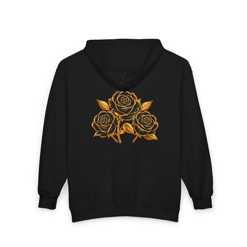 The Three Roses: Unisex Gold Floral Full-Zip Hoodie Graphic Logo
