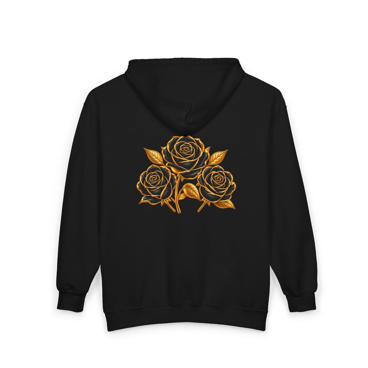 The Three Roses: Unisex Gold Floral Full-Zip Hoodie Graphic Logo