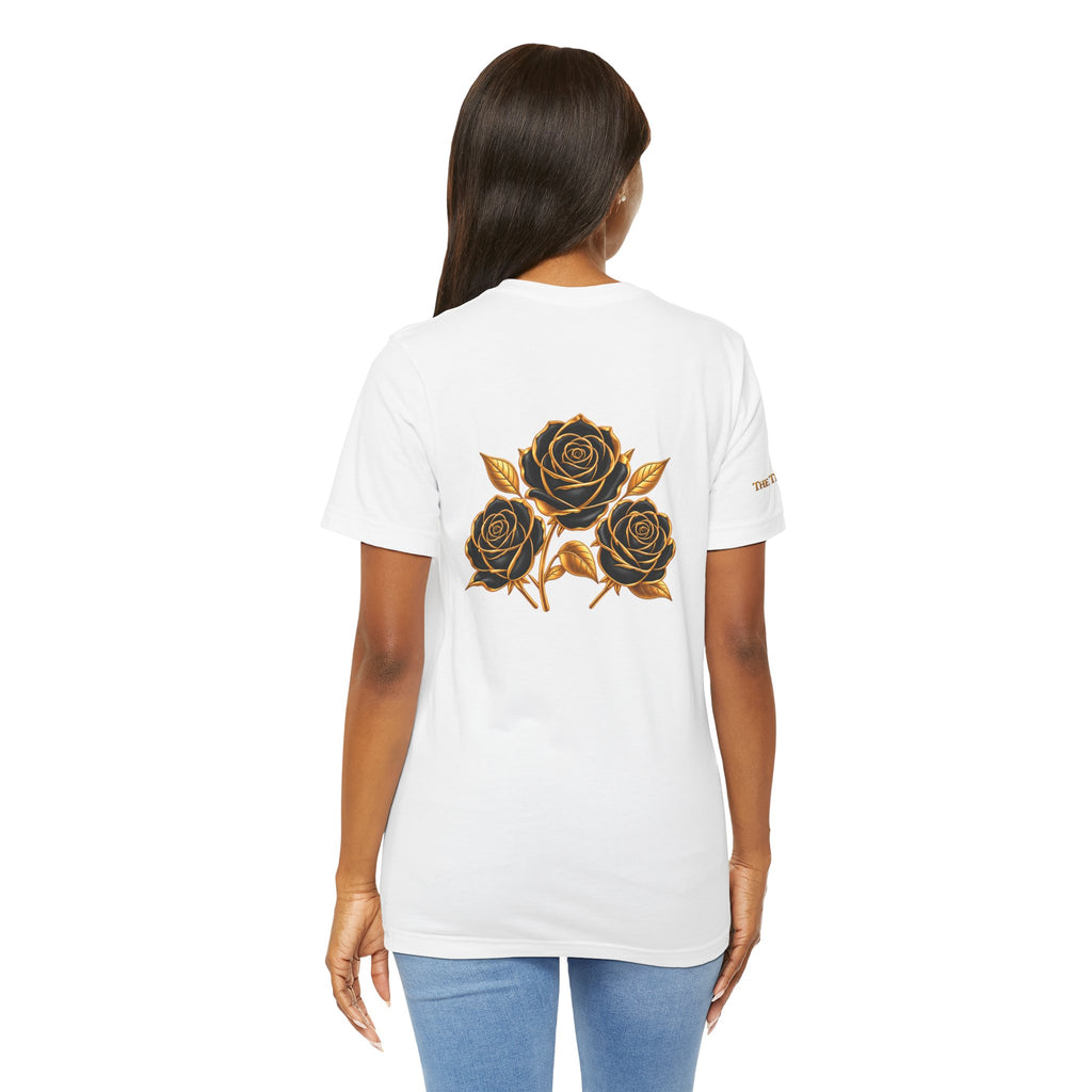 The Three Roses: Unisex Gold Black Rose T-Shirt Graphic Logo