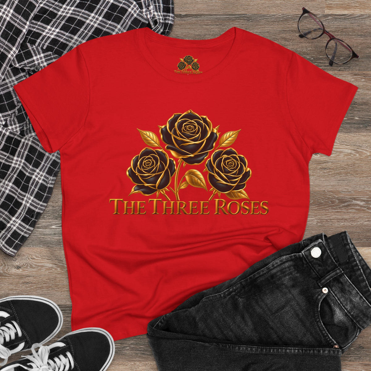 The Three Roses Tee: Womens Black & Gold Rose Graphic T-Shirt