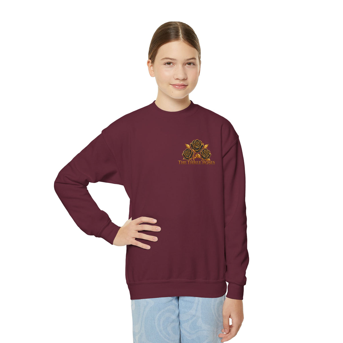 The Three Roses: Youth Crewneck Sweatshirt — Gold & Black Rose Graphic Logo