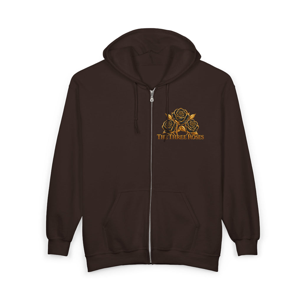 The Three Roses: Unisex Gold Floral Full-Zip Hoodie Graphic Logo