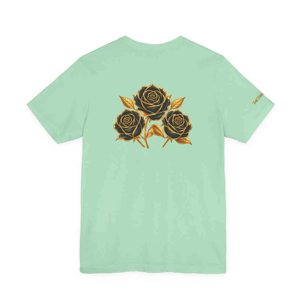 The Three Roses: Unisex Gold Black Rose T-Shirt Graphic Logo