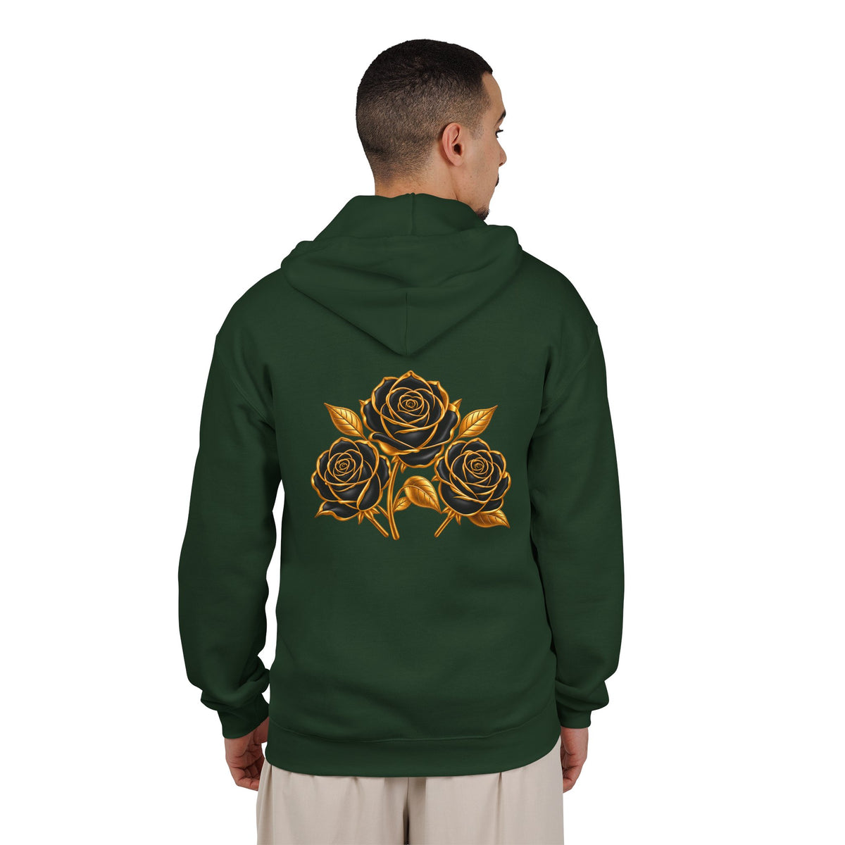 The Three Roses: Unisex Gold Floral Full-Zip Hoodie Graphic Logo