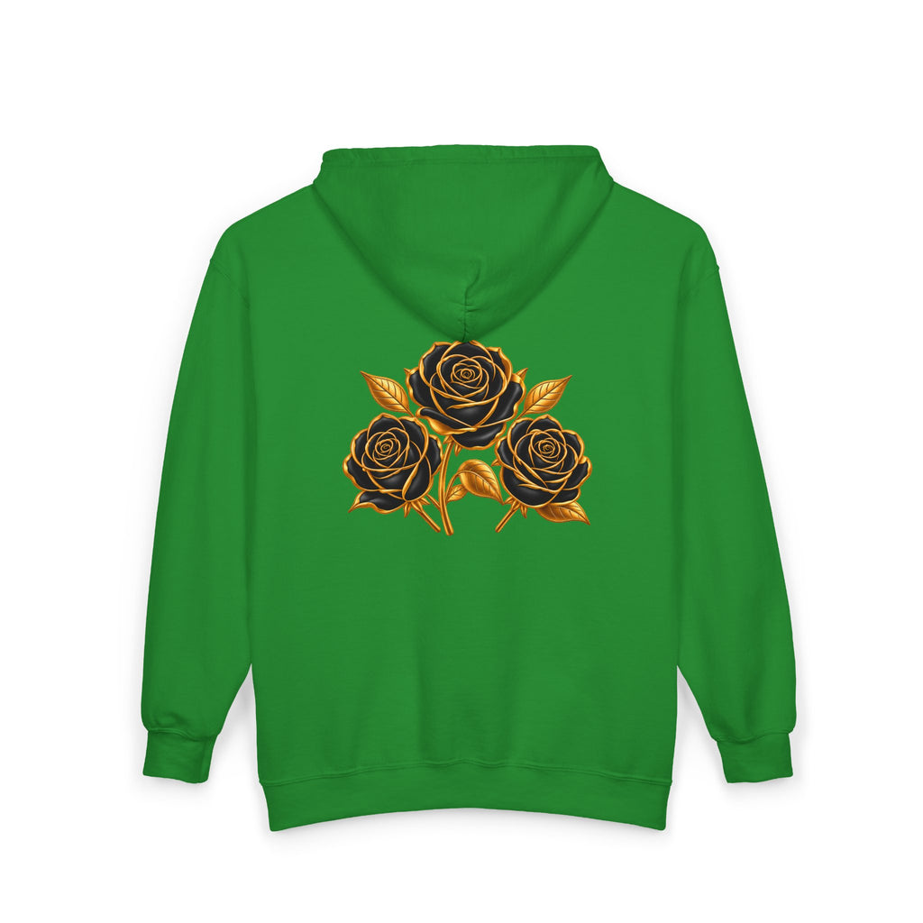 The Three Roses: Unisex Gold Floral Full-Zip Hoodie Graphic Logo