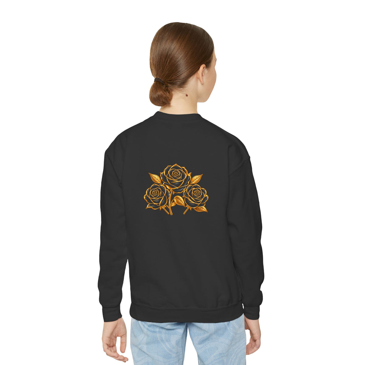 The Three Roses: Youth Crewneck Sweatshirt — Gold & Black Rose Graphic Logo
