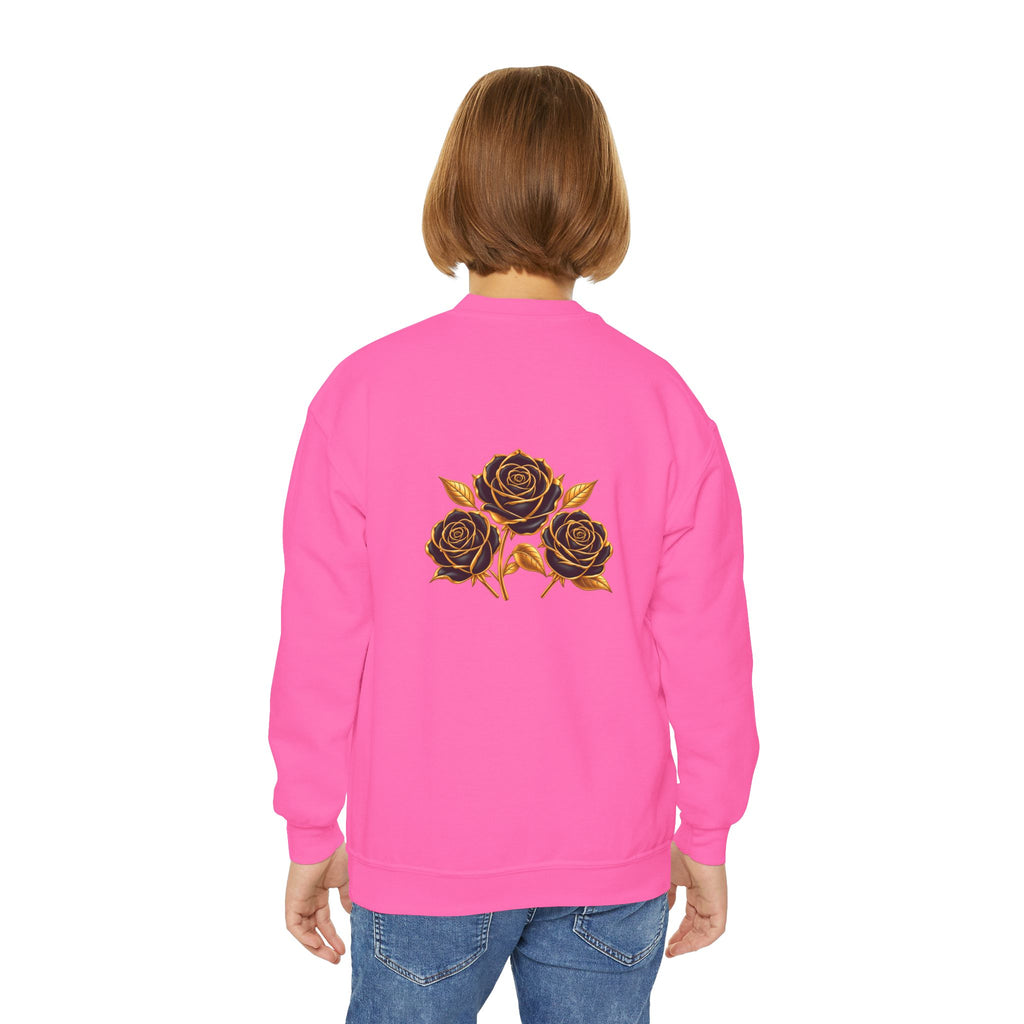 The Three Roses: Youth Crewneck Sweatshirt — Gold & Black Rose Graphic Logo