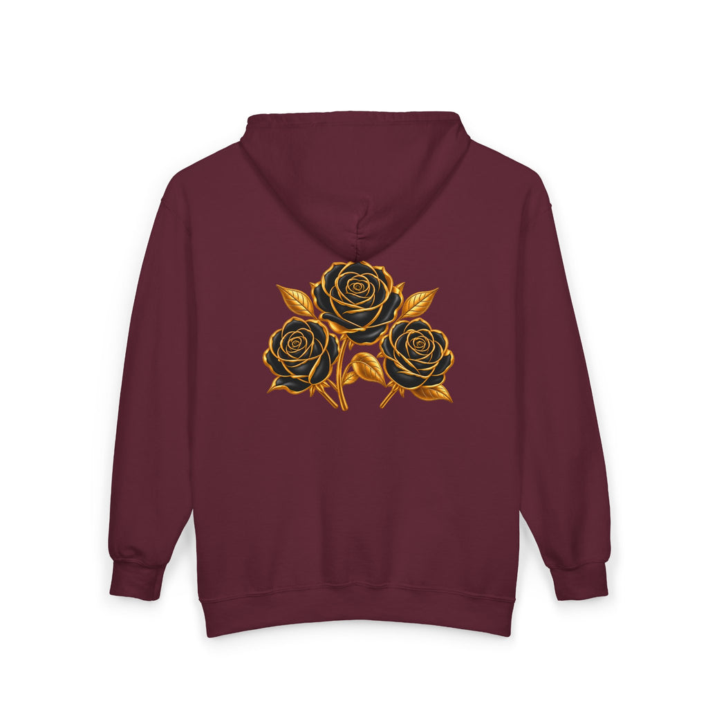 The Three Roses: Unisex Gold Floral Full-Zip Hoodie Graphic Logo