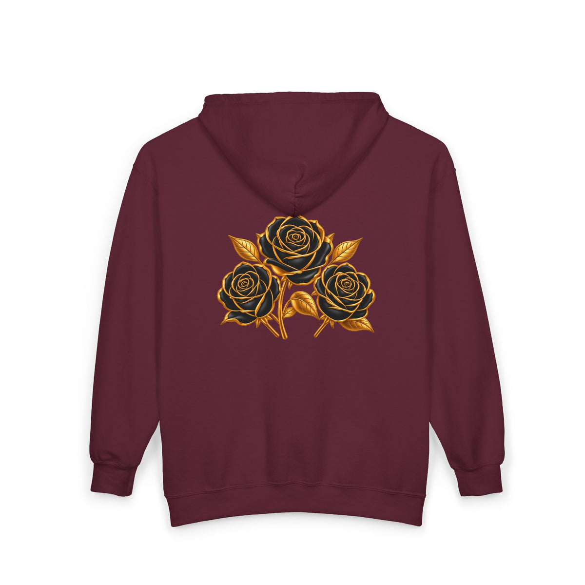 The Three Roses: Unisex Gold Floral Full-Zip Hoodie Graphic Logo