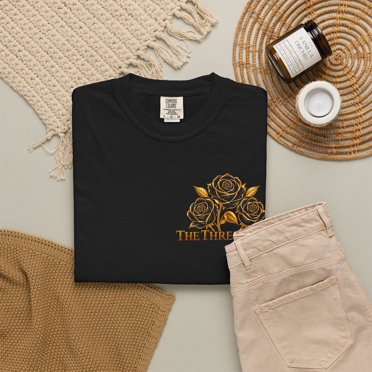 The Three Roses Graphic: Unisex T-Shirt  Gold & Black Floral Tee