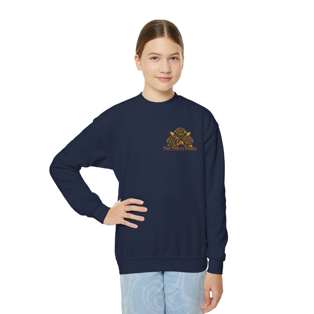 The Three Roses: Youth Crewneck Sweatshirt — Gold & Black Rose Graphic Logo