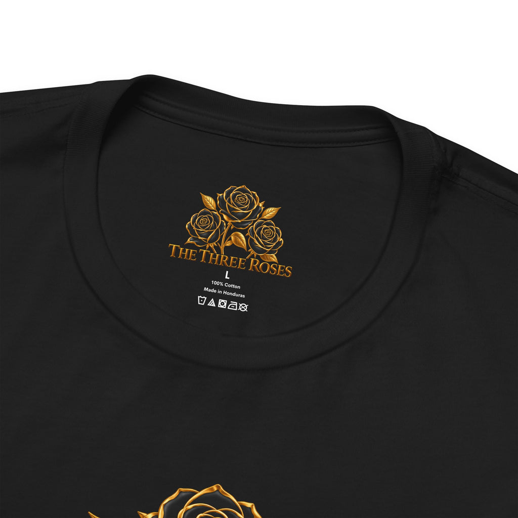 The Three Roses: Unisex Gold Black Rose T-Shirt Graphic Logo