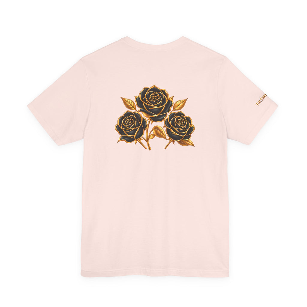 The Three Roses: Unisex Gold Black Rose T-Shirt Graphic Logo