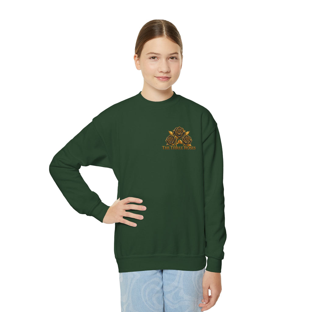 The Three Roses: Youth Crewneck Sweatshirt — Gold & Black Rose Graphic Logo