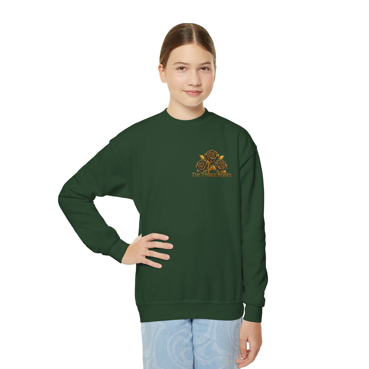 The Three Roses: Youth Crewneck Sweatshirt — Gold & Black Rose Graphic Logo