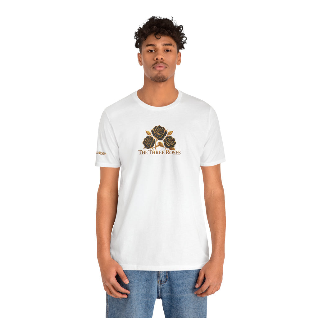 The Three Roses: Unisex Gold Black Rose T-Shirt Graphic Logo