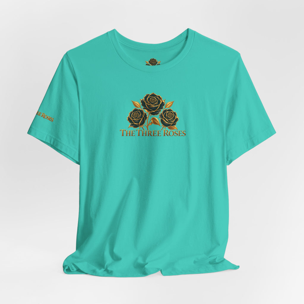The Three Roses: Unisex Gold Black Rose T-Shirt Graphic Logo