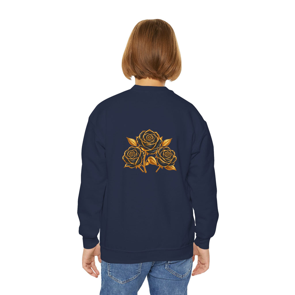 The Three Roses: Youth Crewneck Sweatshirt — Gold & Black Rose Graphic Logo