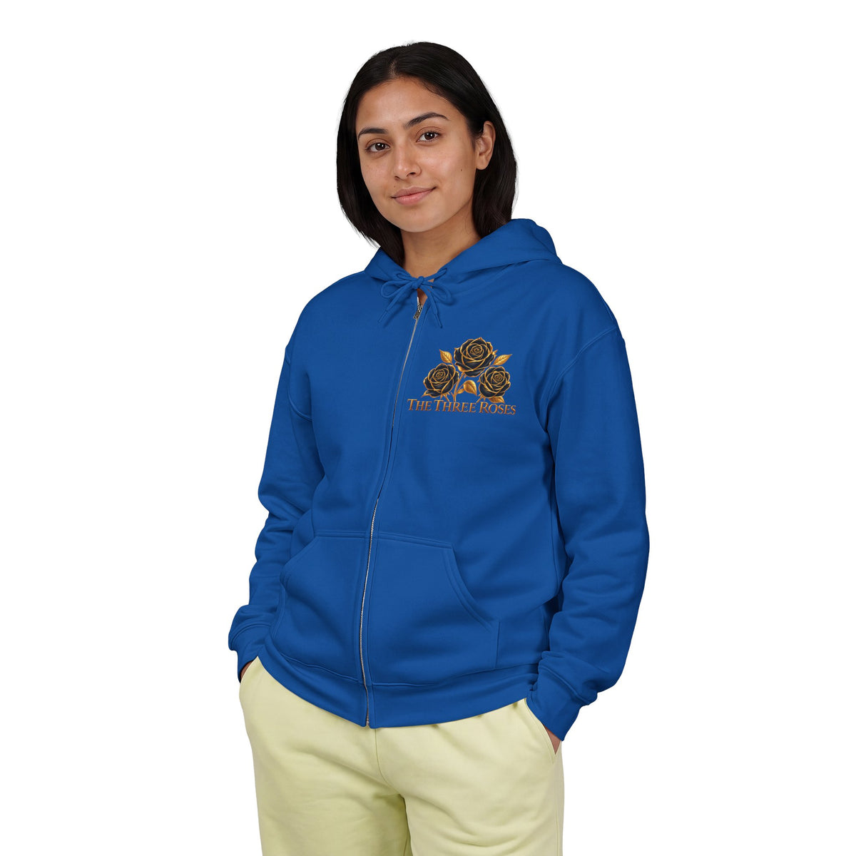 The Three Roses: Unisex Gold Floral Full-Zip Hoodie Graphic Logo