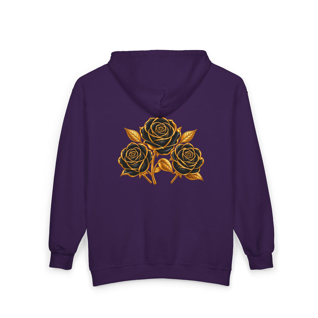 The Three Roses: Unisex Gold Floral Full-Zip Hoodie Graphic Logo