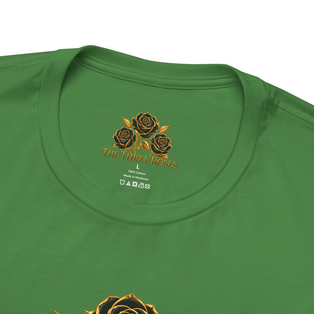 The Three Roses: Unisex Gold Black Rose T-Shirt Graphic Logo