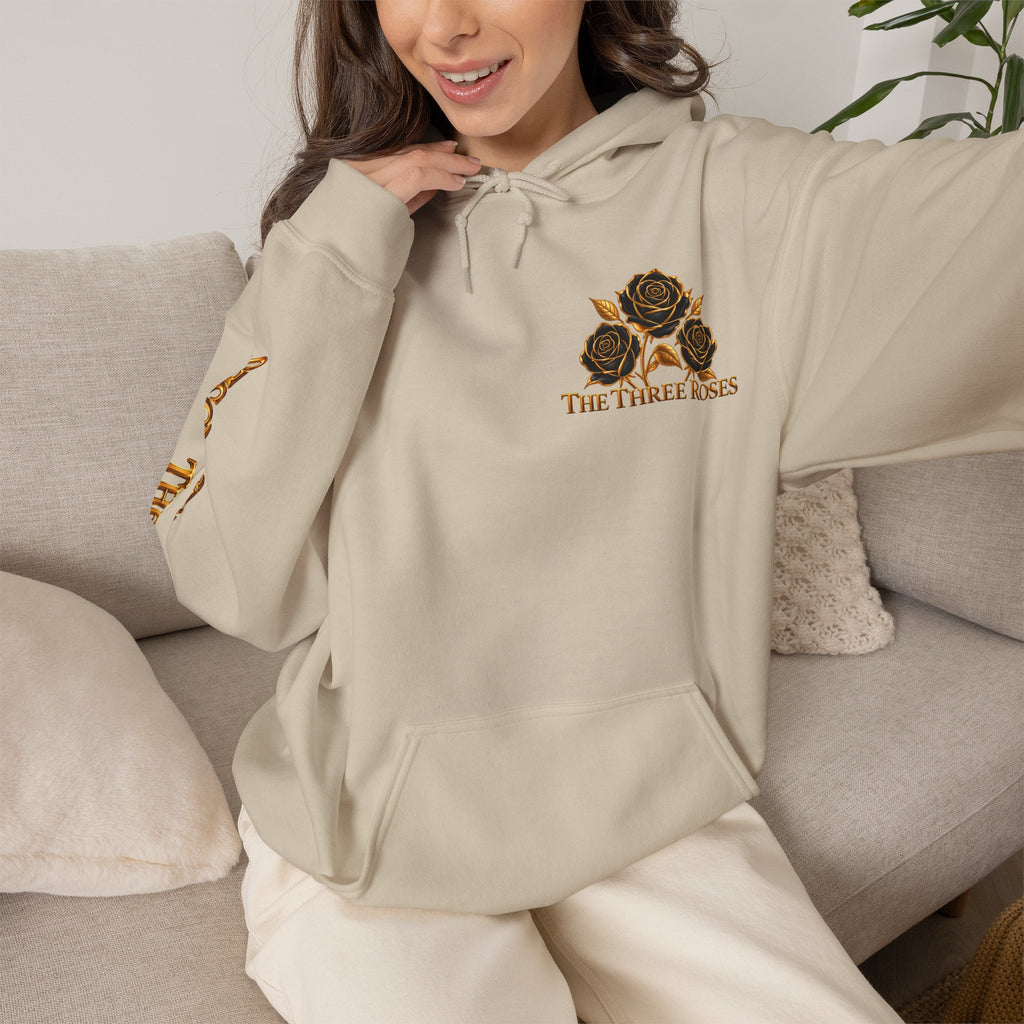 The Three Roses Hoodie: Unisex Gold Rose Graphic Hooded Sweatshirt