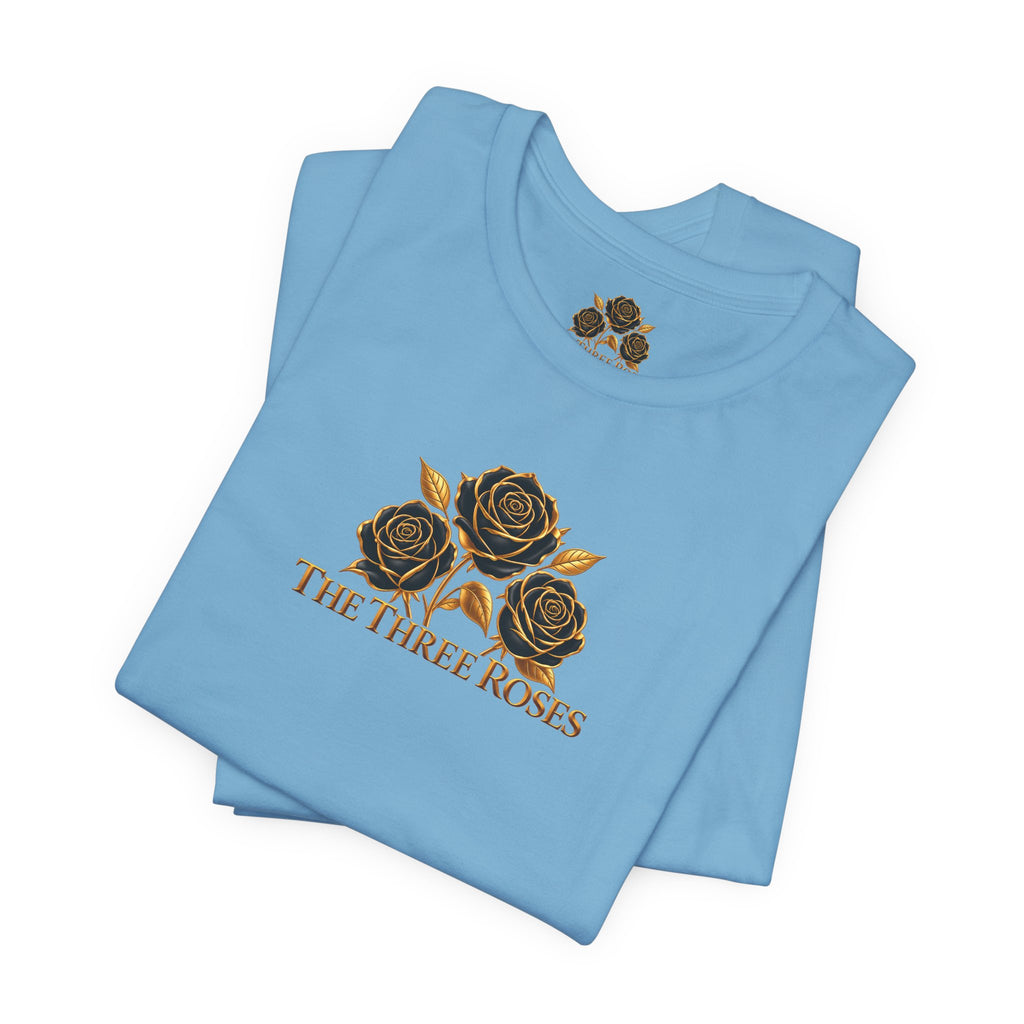 The Three Roses: Unisex Gold Black Rose T-Shirt Graphic Logo
