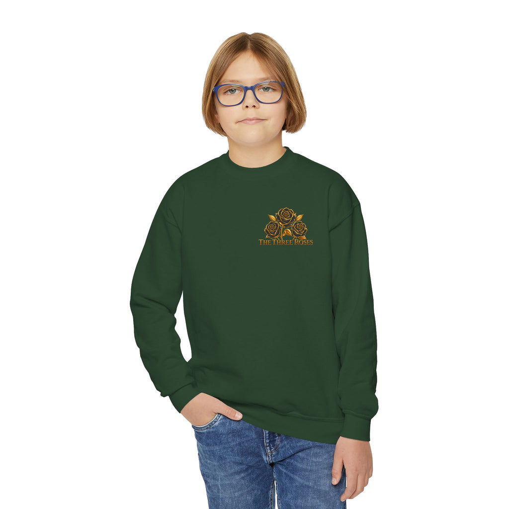 The Three Roses: Youth Crewneck Sweatshirt — Gold & Black Rose Graphic Logo